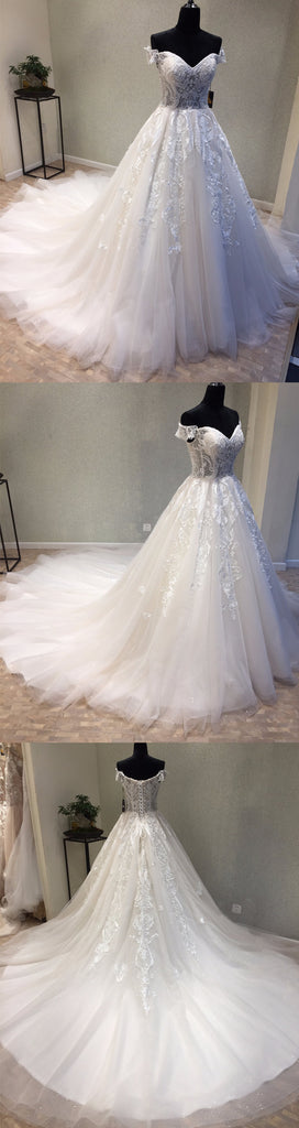 Off the Shoulder Tulle Applique Charming Long Affordable Bridal Wedding Dress, WG678