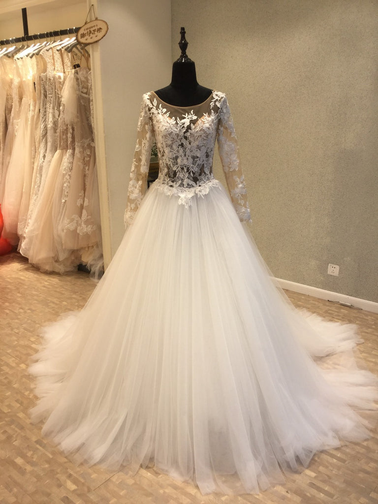 Long Sleeves Popular Applique Tulle Long Cheap Bridal Wedding Dress, WG696