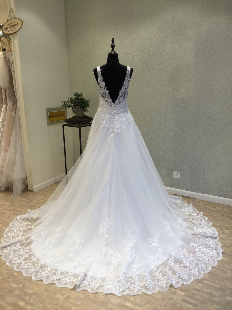 Tulle Lace V Neck Formal A Line Long Bridal Wedding Dress, WG1215