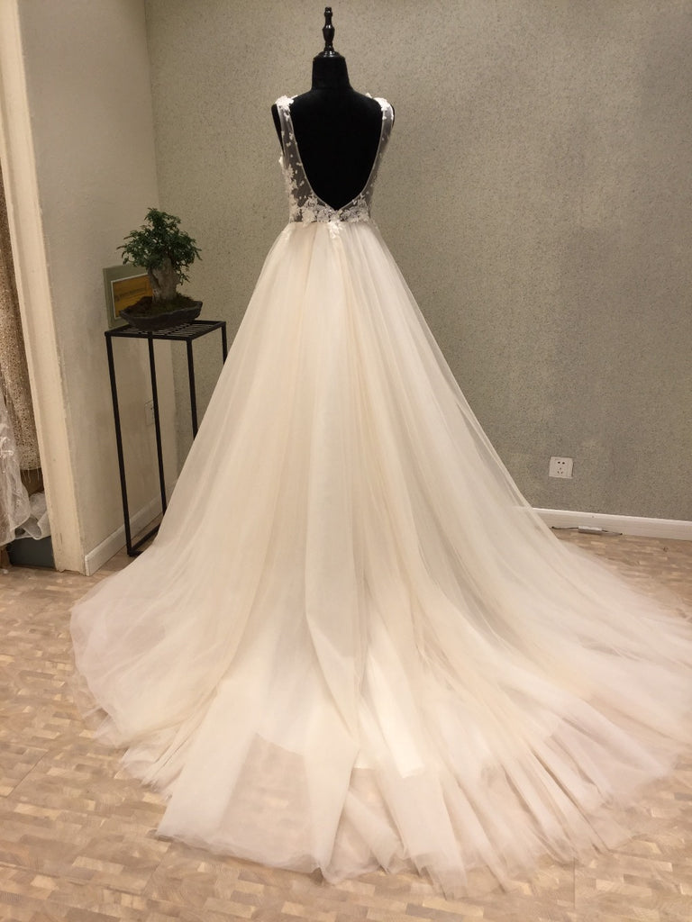 Popular Cheap Open Back Charming Applique Tulle Long Wedding Dresses, WG1226