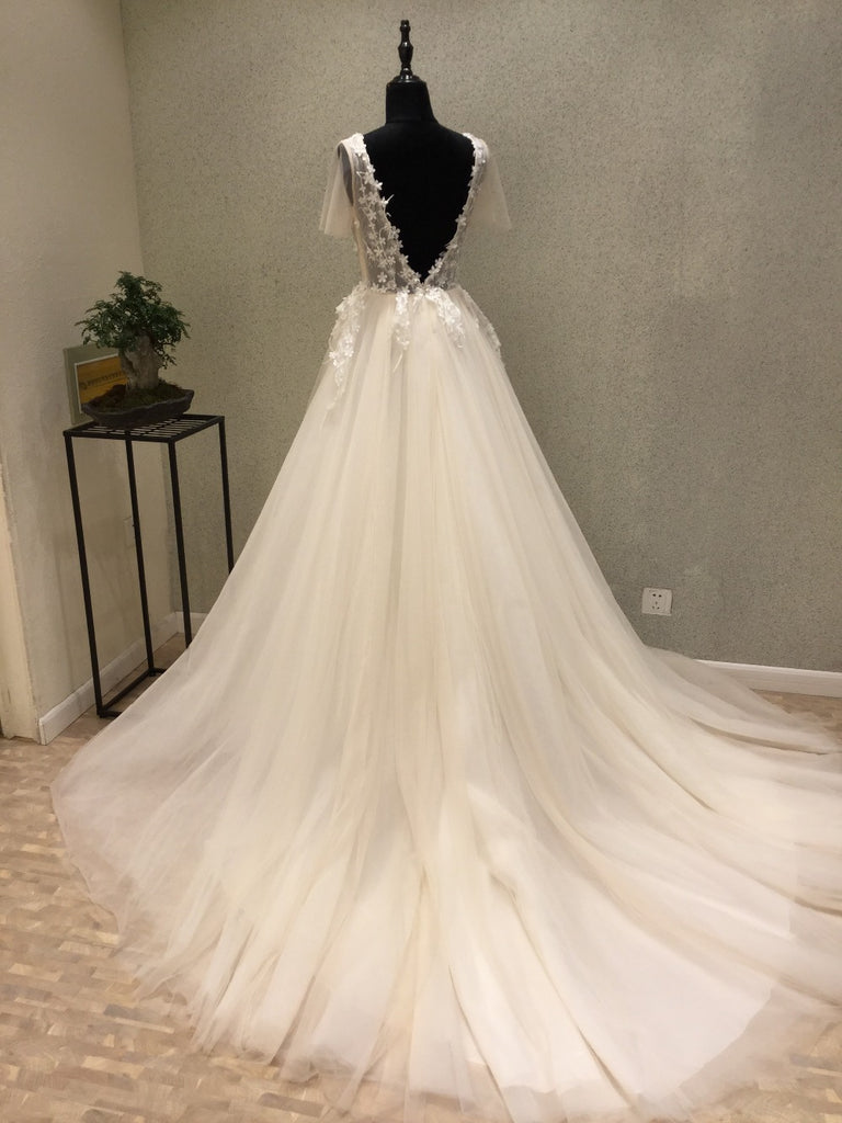 Affordable Short Sleeves V Back Elegant Long Wedding Dresses, WG1230 - Wish Gown