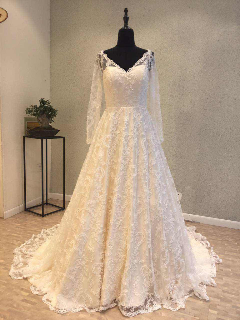 Long Sleeves V Neck Formal Lace Long Cheap Bridal Wedding Dress, WG690