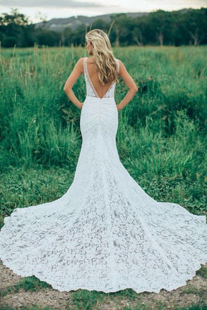 Affordable Mermaid Lace V Neck Elegant V Back Long Wedding Dresses, BW156 - Wish Gown