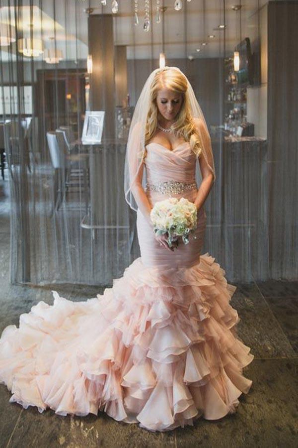 Pink Sweetheart Mermaid Lace Up Popular Cheap Wedding Dresses, WD0150