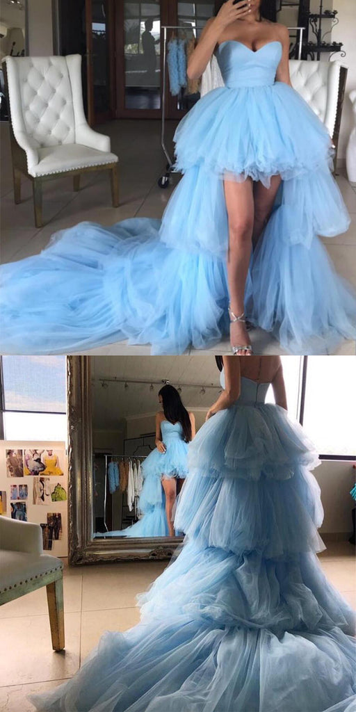 Sweetheart Blue Tulle High Low Prom Wedding Dresses with Long Train, STZ319