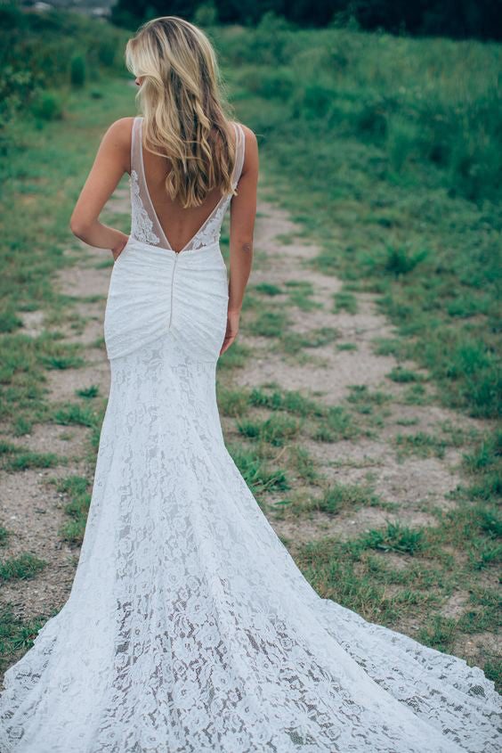 Affordable Mermaid Lace V Neck Elegant V Back Long Wedding Dresses, BW156 - Wish Gown