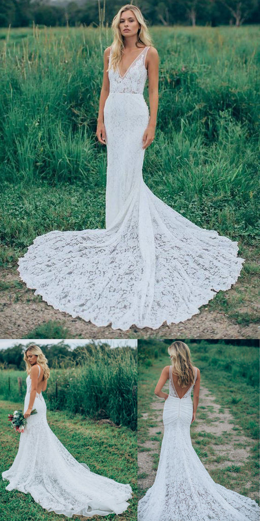 Affordable Mermaid Lace V Neck Elegant V Back Long Wedding Dresses, BW156 - Wish Gown