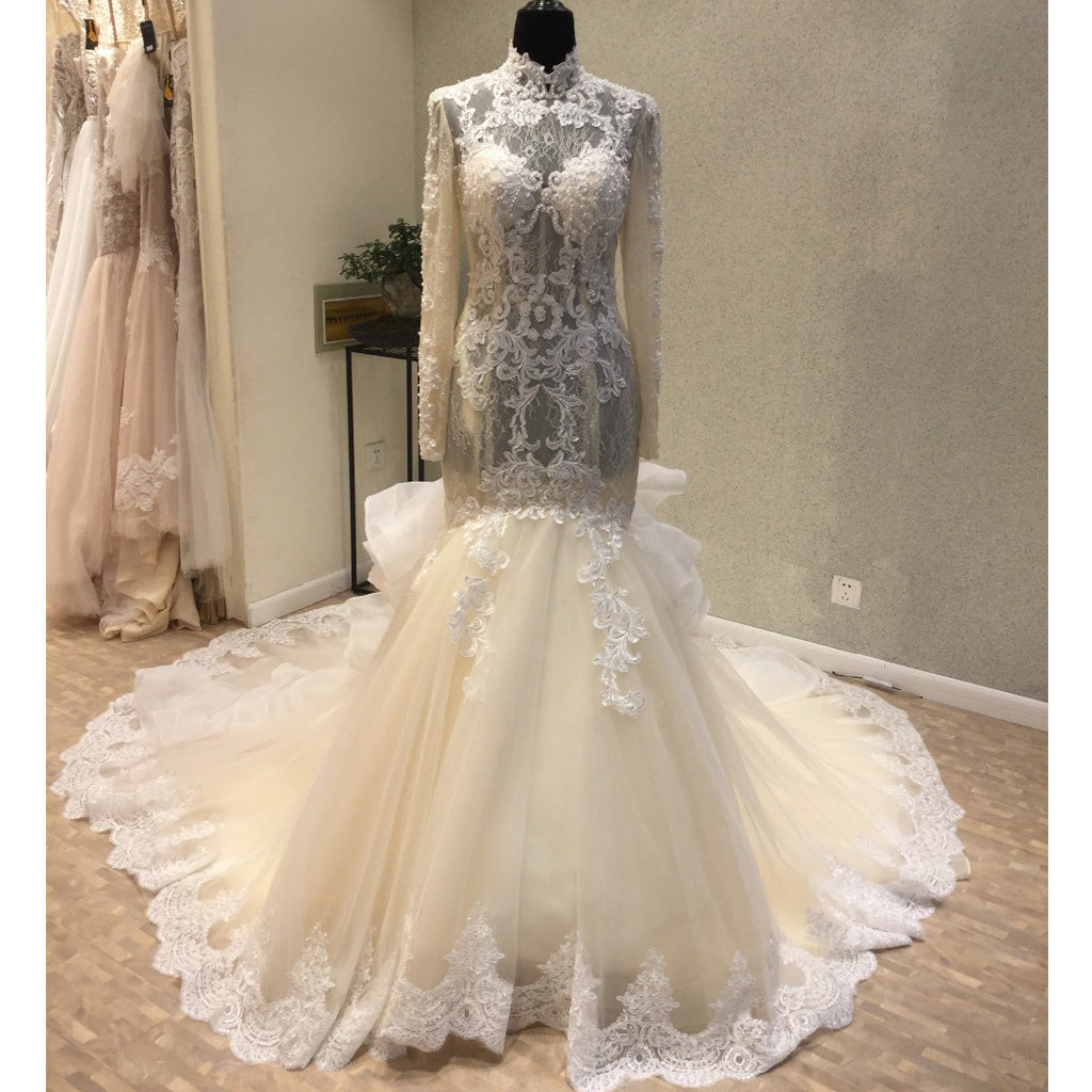 Gorgeous Long Sleeves High Neck Mermaid Long Wedding Dresses, WG1223 - Wish Gown